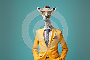 stylish llama in yellow business suit and trendy glasses on blue background, Generative AI