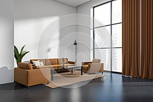 Stylish lounge interior with couch and armchair, panoramic window and mockup