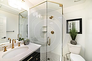 Stylish luxurious bathroom design with black and gold fixtures