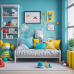 Stylish and Luxurious, Bright, Modern Children\'s Bedroom with Stuffed Animals, Wall Art and Toys on the Floor