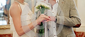 stylish luxury bride and groom in vintage dress exchanging wedding rings at wedding ceremony reception.