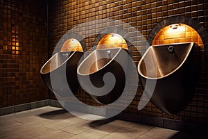 Stylish luxury bronze urinals in the men\'s toilet on the wall with tiles and orange lighting. Generative AI