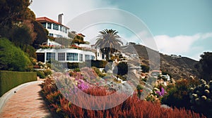 Stylish luxury houses nestled in the hills surrounded by vibrant flowers create an idyllic and picturesque setting