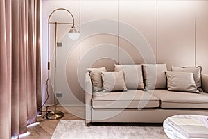 Stylish luxury living room with  beige leather sofa, gold stainless wall lamp and wallcovering in the background / luxury interior photo