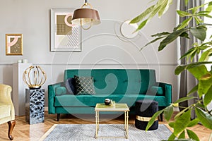 Stylish and luxury living room interior with elegant green velvet armchair, sofa, mock up poster and decoration.