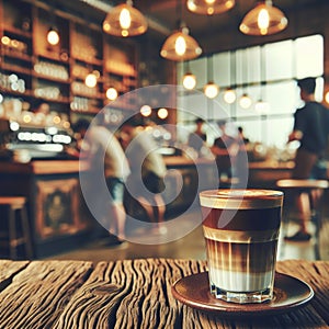 Stylish macchiato served on a rustic table with a softly blurred coffeehouse backdrop.. AI generated.