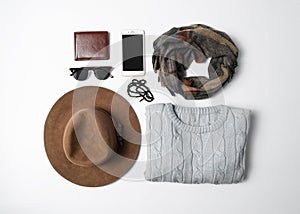 Stylish male autumn outfit and accessories on white background. Trendy warm clothes