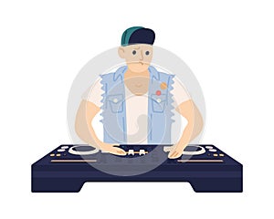 Stylish male DJ with confused face expression vector flat illustration. Trendy guy playing electronic music records at