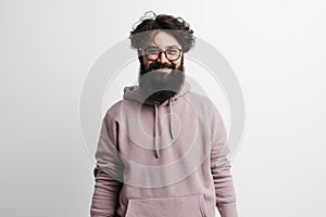 Stylish Man with Beard in Mauve Hoodie