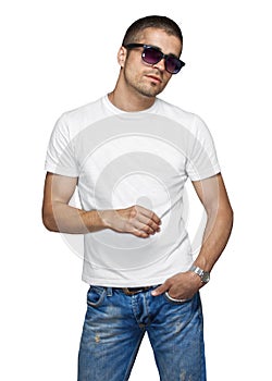 stylish man in a blank white t-shirt, your design on a t-shirt