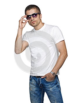 stylish man in a blank white t-shirt, your design on a t-shirt