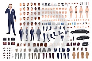 Stylish man dressed in elegant suit creation set or DIY kit. Collection of body parts, clothes, faces, postures