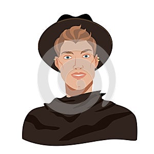 Stylish man in a hat and black coat. Fashionable male portrait in flat cartoon style