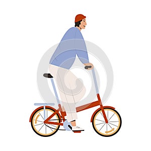 Stylish man riding street folding bicycle vector flat illustration. Trendy looking male ride on urban eco friendly