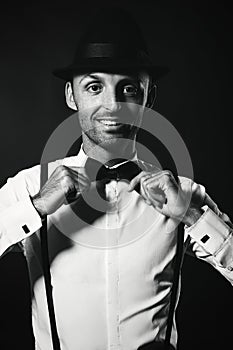 Stylish man in suit and hat. Happy man mafia. Millionaire gangster businessman boss. Monochrome photo