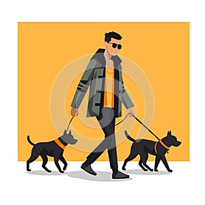 Stylish man walking two black dogs on leashes. Casual guy with sunglasses enjoys dog walking. Urban pet care and