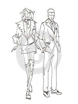 Stylish man and woman sketch Fashion Collection Of Clothes Set Of Models Wearing Trendy Clothing Sketch Vector woman and man