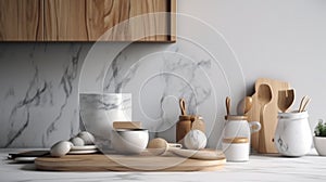 Stylish marble tabletop on wooden platform with copyspace for your logo at blurry kitchen utensils and dishes