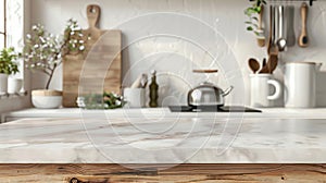 Stylish marble tabletop on wooden platform with copyspace for your logo at blurry kitchen utensils and dishes