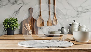 Stylish marble tabletop on wooden platform with copyspace for your logo at blurry kitchen utensils and dishes on light wall