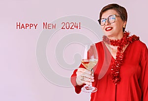 stylish mature senior woman in red blouse with glass