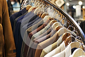 Stylish men`s jackets on hangers in the store, close-up