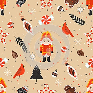 Stylish Merry Christmas seamless pattern with Nutcracker and toy