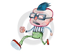 Stylish middle-aged cartoon man in square glasses with big head and cowlick hairstyle running away from someone