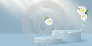 Stylish minimal scene and gold circle with plumeria flowers to display your cosmetic product. 3D vector stage or podium. Light