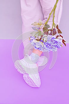 Stylish minimal Sneakers and flowers.  Aesthetic pastel monochrome design. Ideal for bloggers, websites, magazines, business
