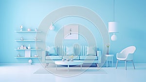 Stylish minimalist monochrome interior of modern cozy living room in white and pastel blue tones. Trendy couch, armchair