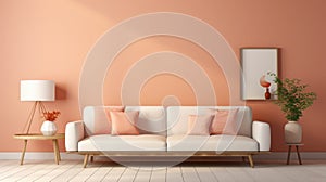 Stylish minimalist monochrome interior of modern living room in pastel orange and beige tones. Trendy couch, coffee