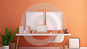 Stylish minimalist monochrome interior of modern office room in pastel orange and beige tones. Wooden desk with office