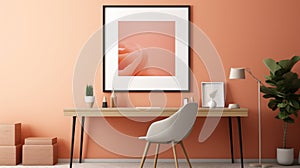 Stylish minimalist monochrome interior of modern office room in pastel orange and beige tones. Wooden desk with office
