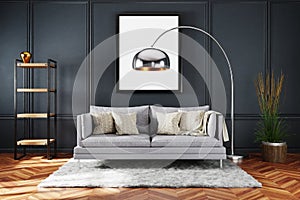 Stylish minimalistic living room interior with scandinavian and industrial style decor; grey vintage sofa and dark wall; large