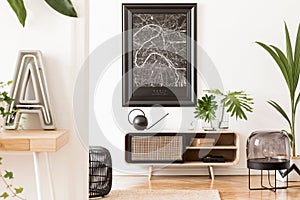 Stylish and minimalistic Scandinavian interior in modern home.
