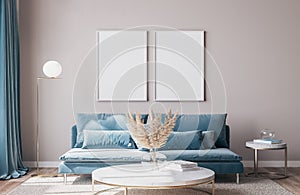Stylish mockup frame for modern interior of living room with trending home accessories