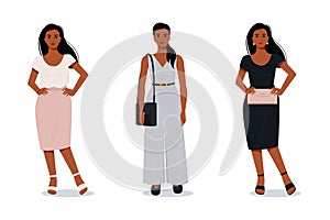 Stylish modern afro woman in flat style. Vector female characters in different clothes. Evening outfit. Office suit