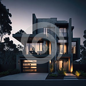 Stylish Modern Australian Concrete House, Futuristic look, Large Glass Windows, Alley, Green Yard, Generative AI