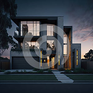 Stylish Modern Australian Concrete House, Futuristic look, Large Glass Windows, Alley, Green Yard, Generative AI