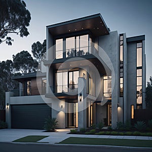 Stylish Modern Australian Concrete House, Futuristic look, Large Glass Windows, Alley, Green Yard, Generative AI