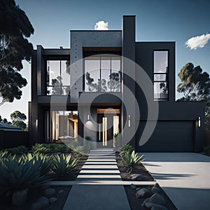 Stylish Modern Australian Concrete House, Futuristic look, Large Glass Windows, Alley, Green Yard, Generative AI