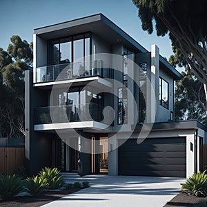 Stylish Modern Australian Concrete House, Futuristic look, Large Glass Windows, Alley, Green Yard, Generative AI
