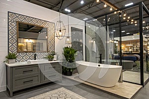 Modern bathroom with decorative elements and space for text