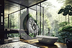 Stylish Modern Bathroom With Large Windows Overlooking. Generative AI