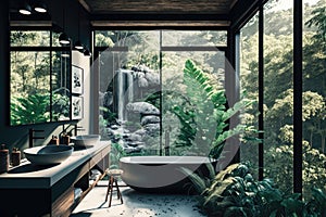 Stylish Modern Bathroom With Large Windows Overlooking. Generative AI