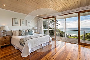 Staged bedroom interior with wooden floors photo