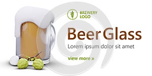 Stylish modern beer mugs. 3D illustration in cartoon style. Horizontal template with text, picture