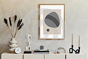 Stylish and modern beige living room interior composition with mock up poster frame, beige wooden sideboard and boho inspired.