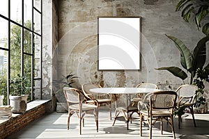 Stylish Modern Dining Room interior design mockup with White Marble Table and Rattan Chairs in Sunlit Urban Loft